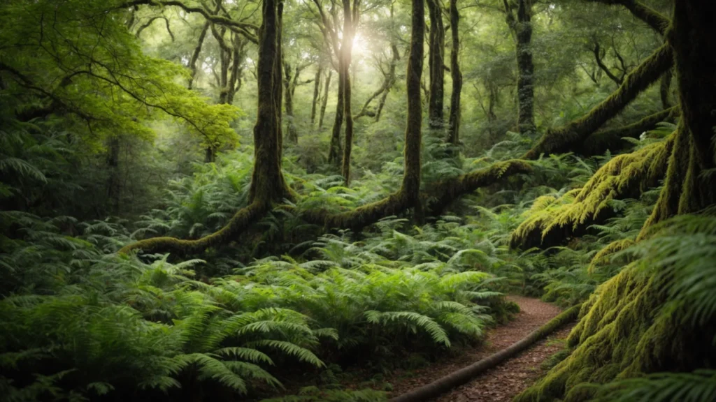 a lush forest with diverse trees and vibrant undergrowth.